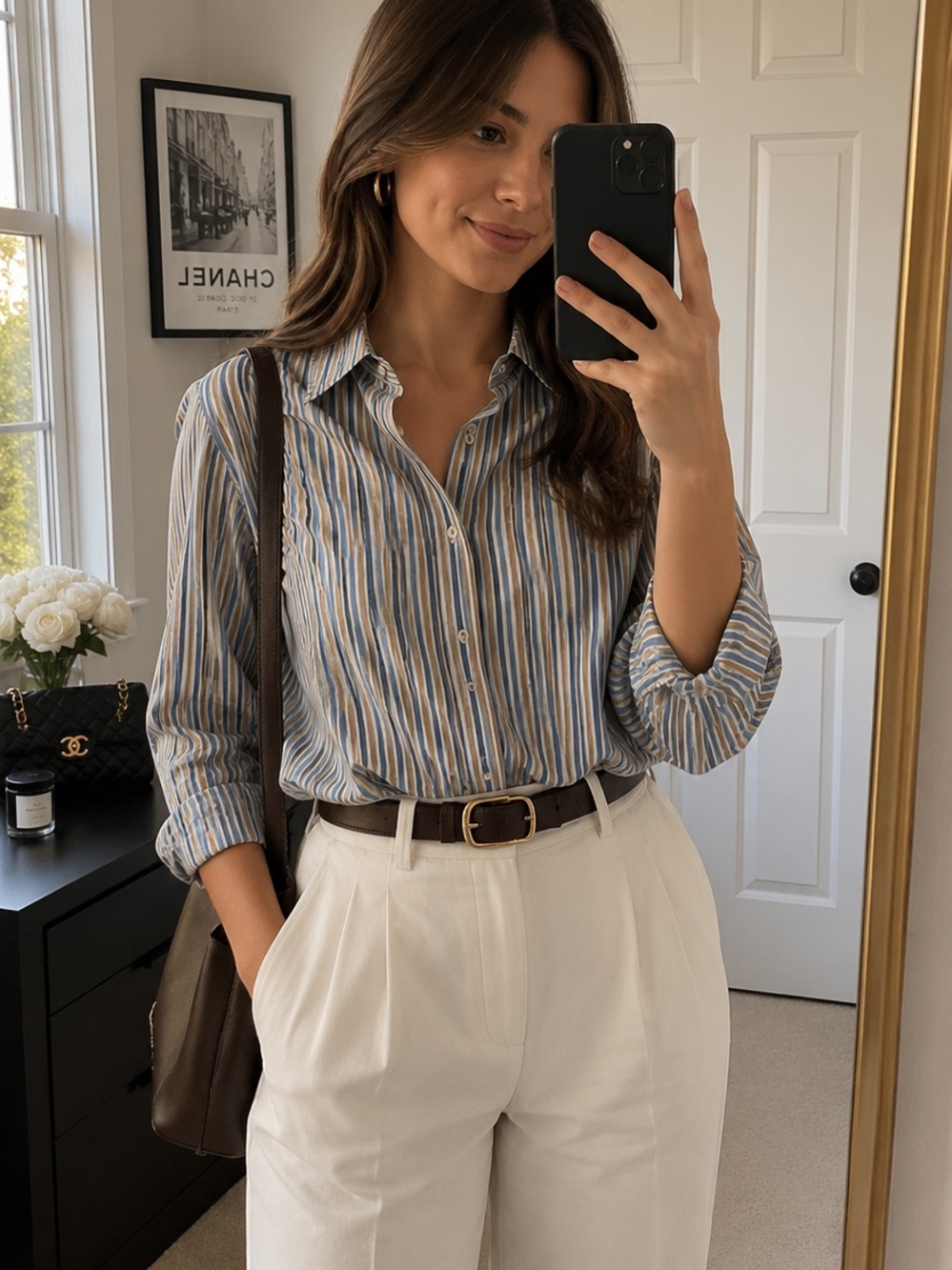 Anna And Frank Striped Button-Down Shirt in Blue, Tan and White